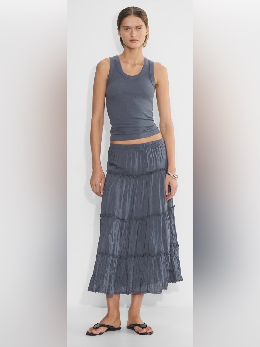 Aritzia Little Moon Damasque Tiered Maxi Skirt in Vintage Navy (Gray), Size M